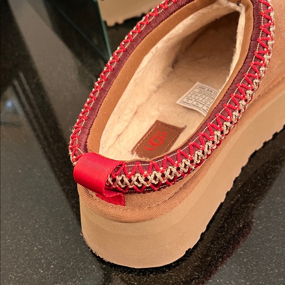 UGG Tasman II Chestnut Suede Slip-Ons with Red Patterned Trim platform slippers - Picture 7 of 15